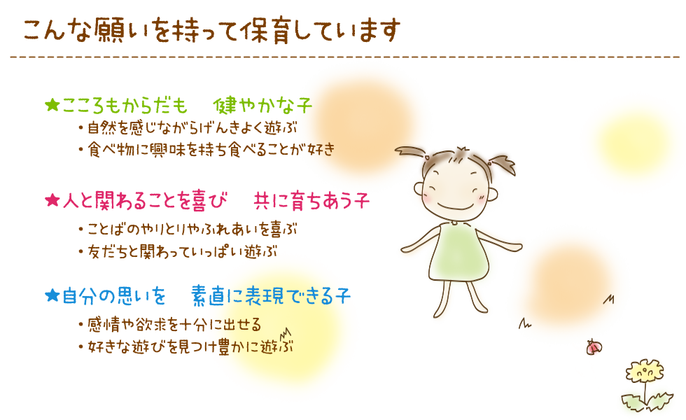 保育目標
☆笑顔いっぱい元気に遊ぶ子ども
・戸外でのびのび遊ぶ子
・意欲をもって楽しく食べられる子
☆おもいやりのある子ども
・友だちの気持ちに気づいてあげられる子
☆自分で考え、行動できる子ども
・自分の思いを素直に表現する子
・いろんなことに挑戦しようとする子